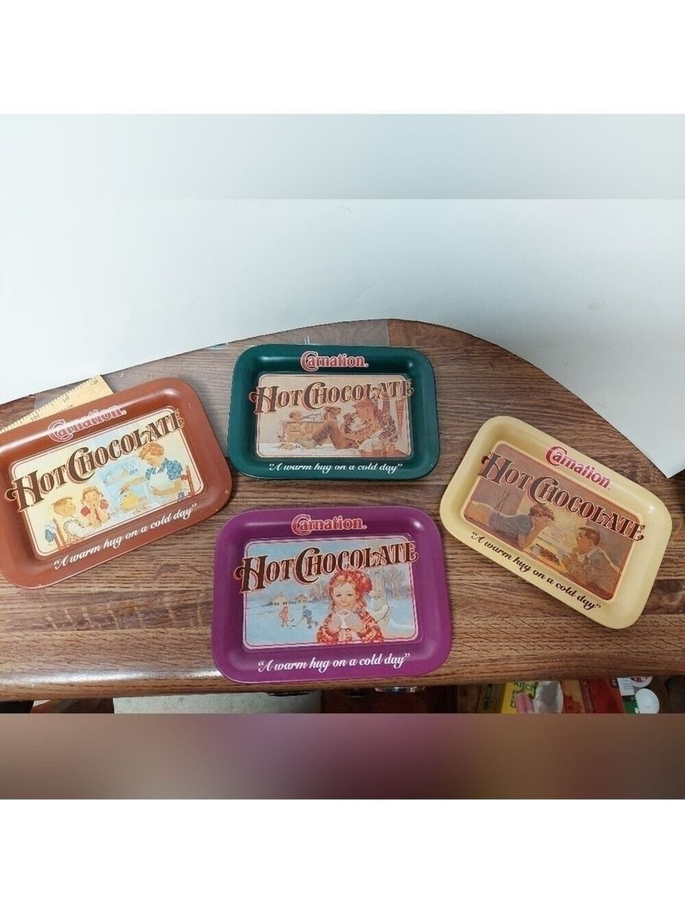 Vintage* Set of 4 Small Carnation Hot Chocolate Advertisement Trays